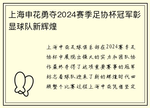上海申花勇夺2024赛季足协杯冠军彰显球队新辉煌