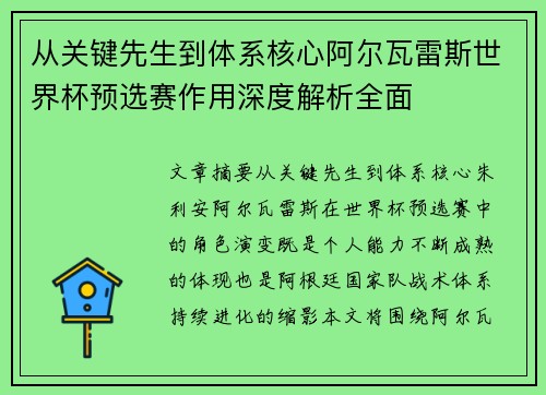 从关键先生到体系核心阿尔瓦雷斯世界杯预选赛作用深度解析全面