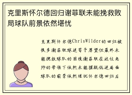 克里斯怀尔德回归谢菲联未能挽救败局球队前景依然堪忧