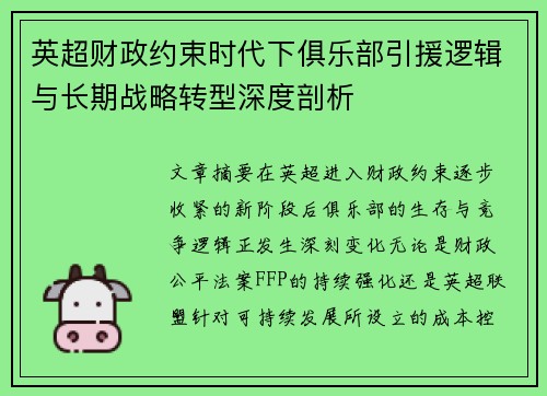 英超财政约束时代下俱乐部引援逻辑与长期战略转型深度剖析 英超财政约束时代下俱乐部引援逻辑与长期战略转型深度剖析